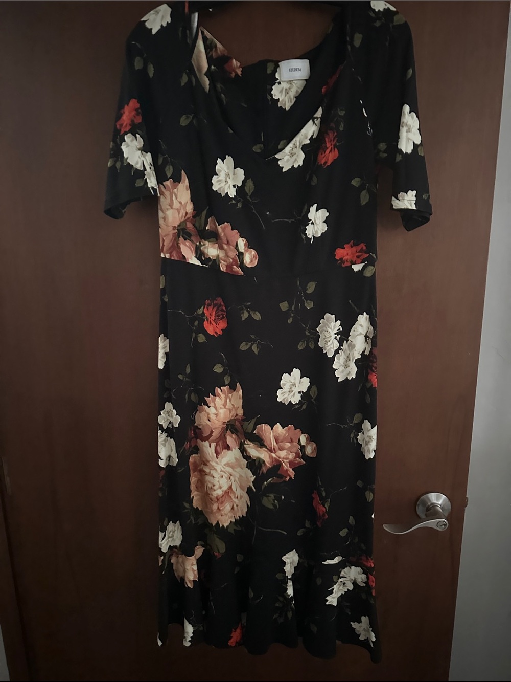 ERDEM Black Floral Midi Dress with Cream & Red Blooms